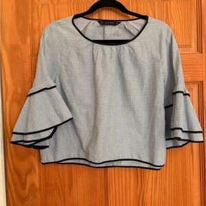 Zara Blue Striped Bell-Sleeve Blouse